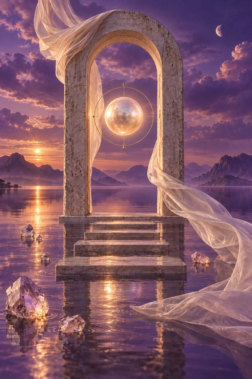 Um arco de pedra com uma esfera luminosa sobre águas tranquilas