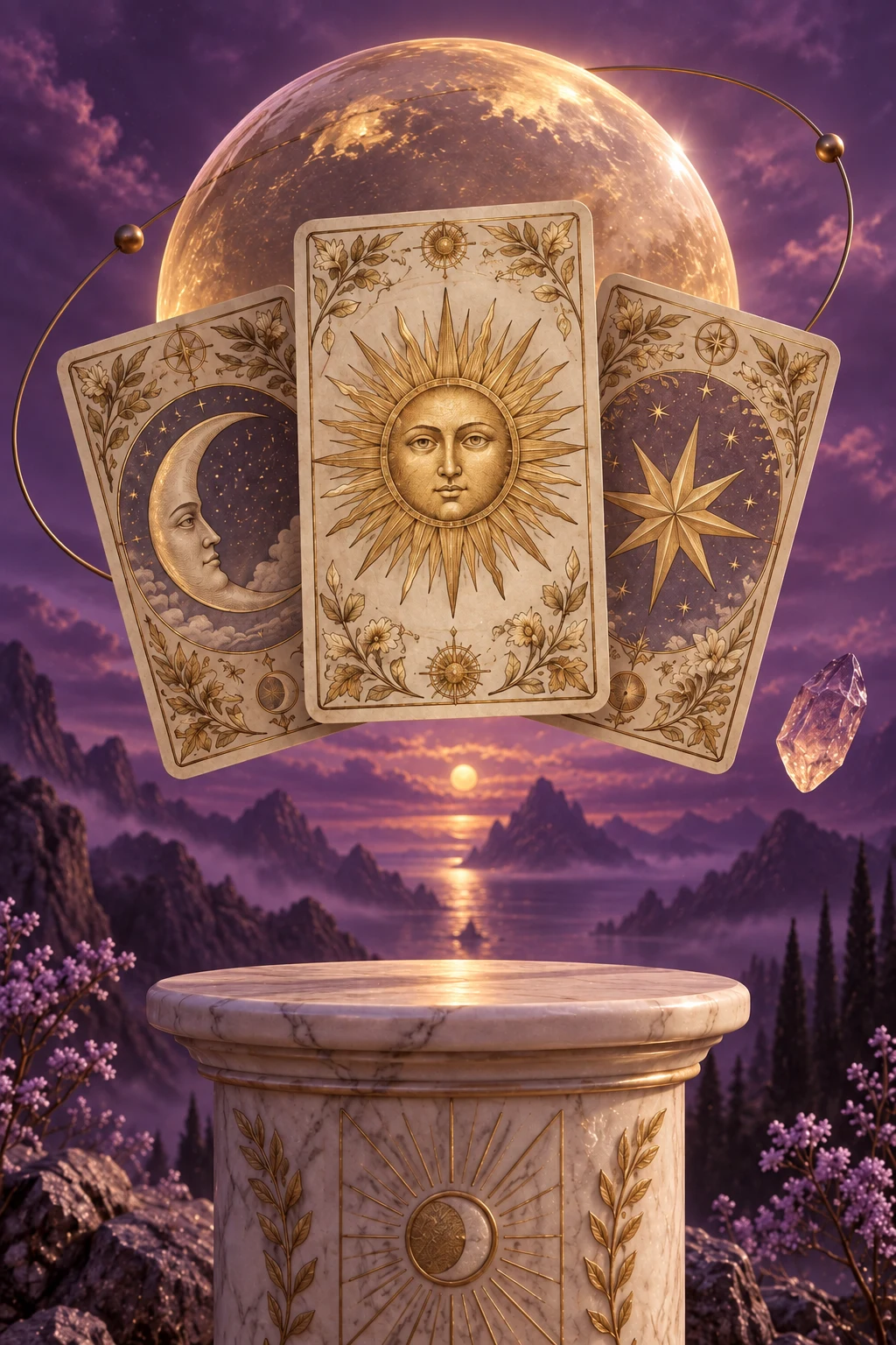 Cartas do Sol, da Lua e da Estrela flutuam diante de uma esfera dourada
